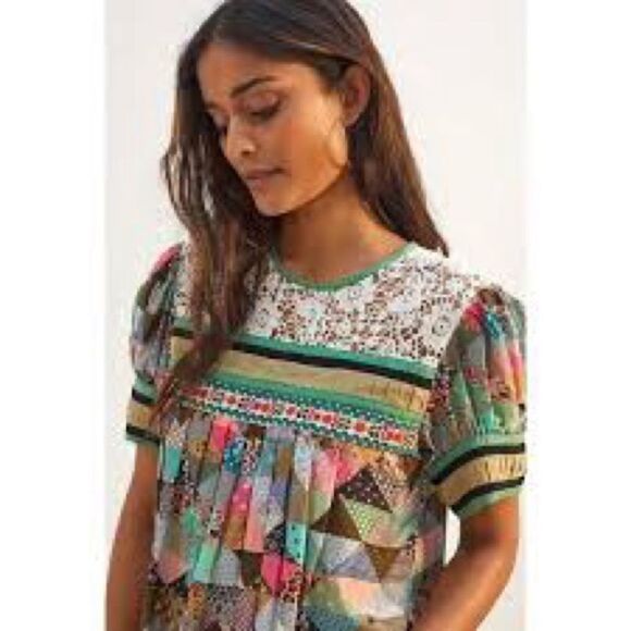 Anthropologie VERB Patchwork Embroidered Lace Floral Puff Sleeve Top - Picture 2 of 10